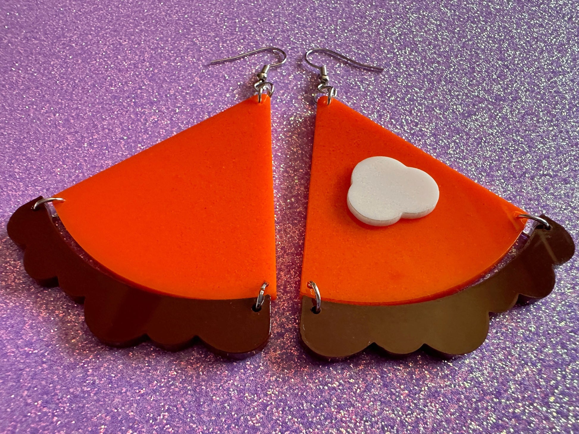 Pumpkin Pie Earrings: Laser Cut Acrylic Pumpkin Pie Slice with Whipped Cream, Cake, Dessert, Pastry, Fall, Christmas, Gifts for Her/Him/Them