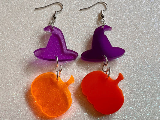 Pumpkins & Purple Witch Hat Halloween Earrings: Laser Cut Acrylic, Jack-o-Lanterns, Witchy, Spooky, Best Gifts for Her/Him/Them