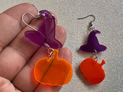 Pumpkins & Purple Witch Hat Halloween Earrings: Laser Cut Acrylic, Jack-o-Lanterns, Witchy, Spooky, Best Gifts for Her/Him/Them