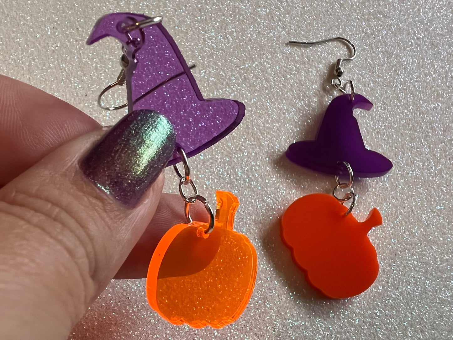 Pumpkins & Purple Witch Hat Halloween Earrings: Laser Cut Acrylic, Jack-o-Lanterns, Witchy, Spooky, Best Gifts for Her/Him/Them