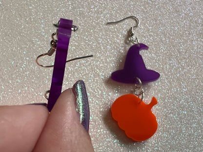Pumpkins & Purple Witch Hat Halloween Earrings: Laser Cut Acrylic, Jack-o-Lanterns, Witchy, Spooky, Best Gifts for Her/Him/Them