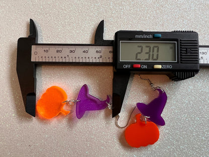 Pumpkins & Purple Witch Hat Halloween Earrings: Laser Cut Acrylic, Jack-o-Lanterns, Witchy, Spooky, Best Gifts for Her/Him/Them