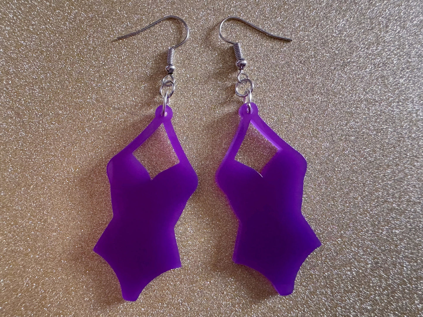 Purple Bathing Suit Earrings: Laser Cut Acrylic Swimsuit Earrings, Beach, Swim, Swimming, Swimmer, Vacay, Best Gifts for Her/Him/Them