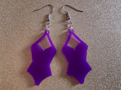 Purple Bathing Suit Earrings: Laser Cut Acrylic Swimsuit Earrings, Beach, Swim, Swimming, Swimmer, Vacay, Best Gifts for Her/Him/Them