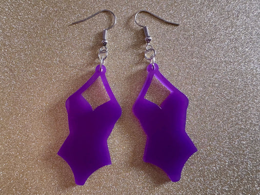 Purple Bathing Suit Earrings: Laser Cut Acrylic Swimsuit Earrings, Beach, Swim, Swimming, Swimmer, Vacay, Best Gifts for Her/Him/Them