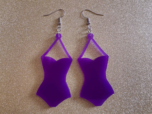 Purple Bathing Suit Earrings: Laser Cut Acrylic Swimsuit Earrings, Beach, Swim, Swimming, Swimmer, Vacay, Best Gifts for Her/Him/Them
