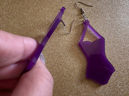 Purple Bathing Suit Earrings: Laser Cut Acrylic Swimsuit Earrings, Beach, Swim, Swimming, Swimmer, Vacay, Best Gifts for Her/Him/Them