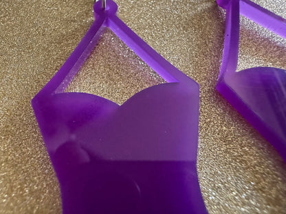 Purple Bathing Suit Earrings: Laser Cut Acrylic Swimsuit Earrings, Beach, Swim, Swimming, Swimmer, Vacay, Best Gifts for Her/Him/Them