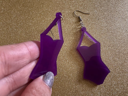 Purple Bathing Suit Earrings: Laser Cut Acrylic Swimsuit Earrings, Beach, Swim, Swimming, Swimmer, Vacay, Best Gifts for Her/Him/Them