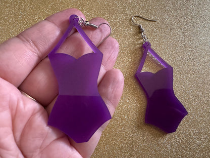 Purple Bathing Suit Earrings: Laser Cut Acrylic Swimsuit Earrings, Beach, Swim, Swimming, Swimmer, Vacay, Best Gifts for Her/Him/Them