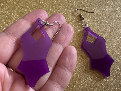 Purple Bathing Suit Earrings: Laser Cut Acrylic Swimsuit Earrings, Beach, Swim, Swimming, Swimmer, Vacay, Best Gifts for Her/Him/Them