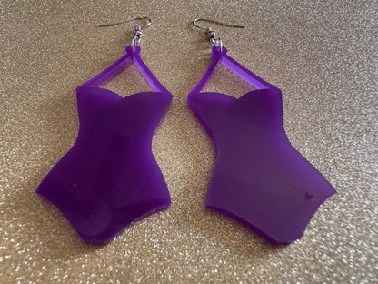 Purple Bathing Suit Earrings: Laser Cut Acrylic Swimsuit Earrings, Beach, Swim, Swimming, Swimmer, Vacay, Best Gifts for Her/Him/Them