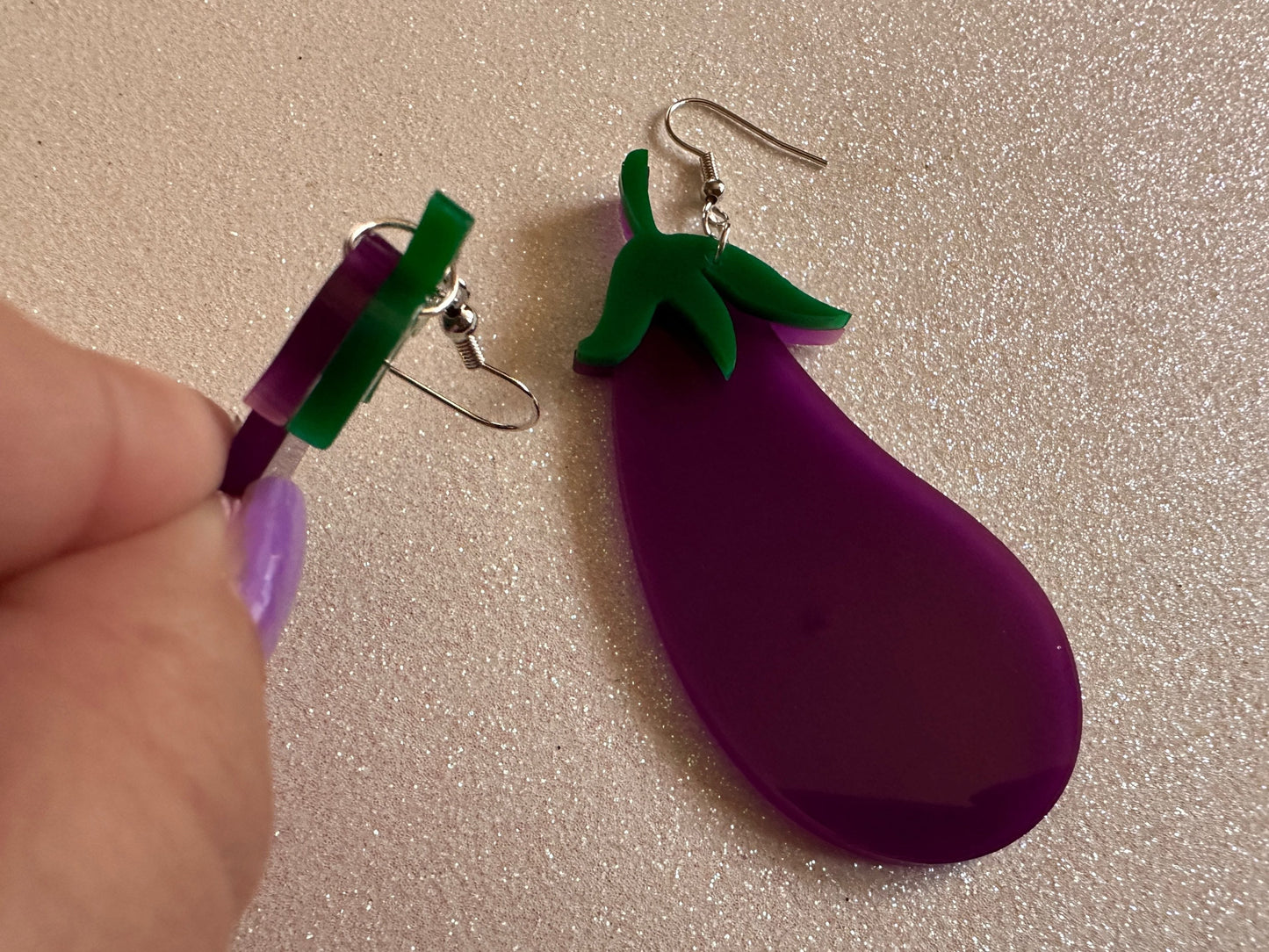 Purple Eggplant Earrings: Laser Cut Acrylic Obergine, Vegetable, Food, Veggies, Vegan, Eggplant Emoji, Food Earrings, Gifts for Her/Him/Them