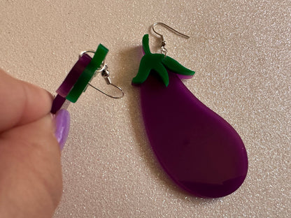Purple Eggplant Earrings: Laser Cut Acrylic Obergine, Vegetable, Food, Veggies, Vegan, Eggplant Emoji, Food Earrings, Gifts for Her/Him/Them