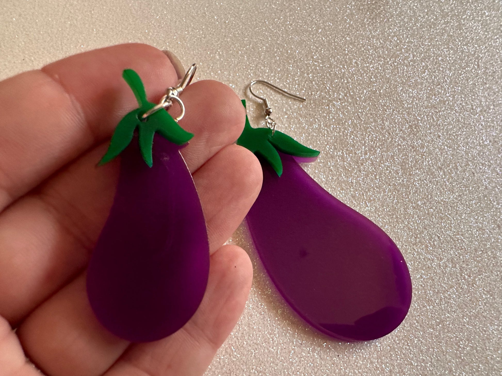 Purple Eggplant Earrings: Laser Cut Acrylic Obergine, Vegetable, Food, Veggies, Vegan, Eggplant Emoji, Food Earrings, Gifts for Her/Him/Them
