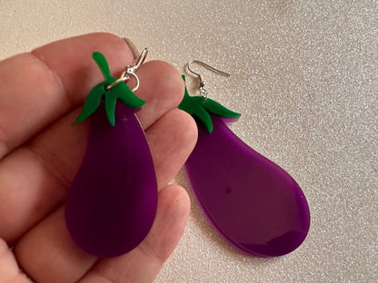 Purple Eggplant Earrings: Laser Cut Acrylic Obergine, Vegetable, Food, Veggies, Vegan, Eggplant Emoji, Food Earrings, Gifts for Her/Him/Them