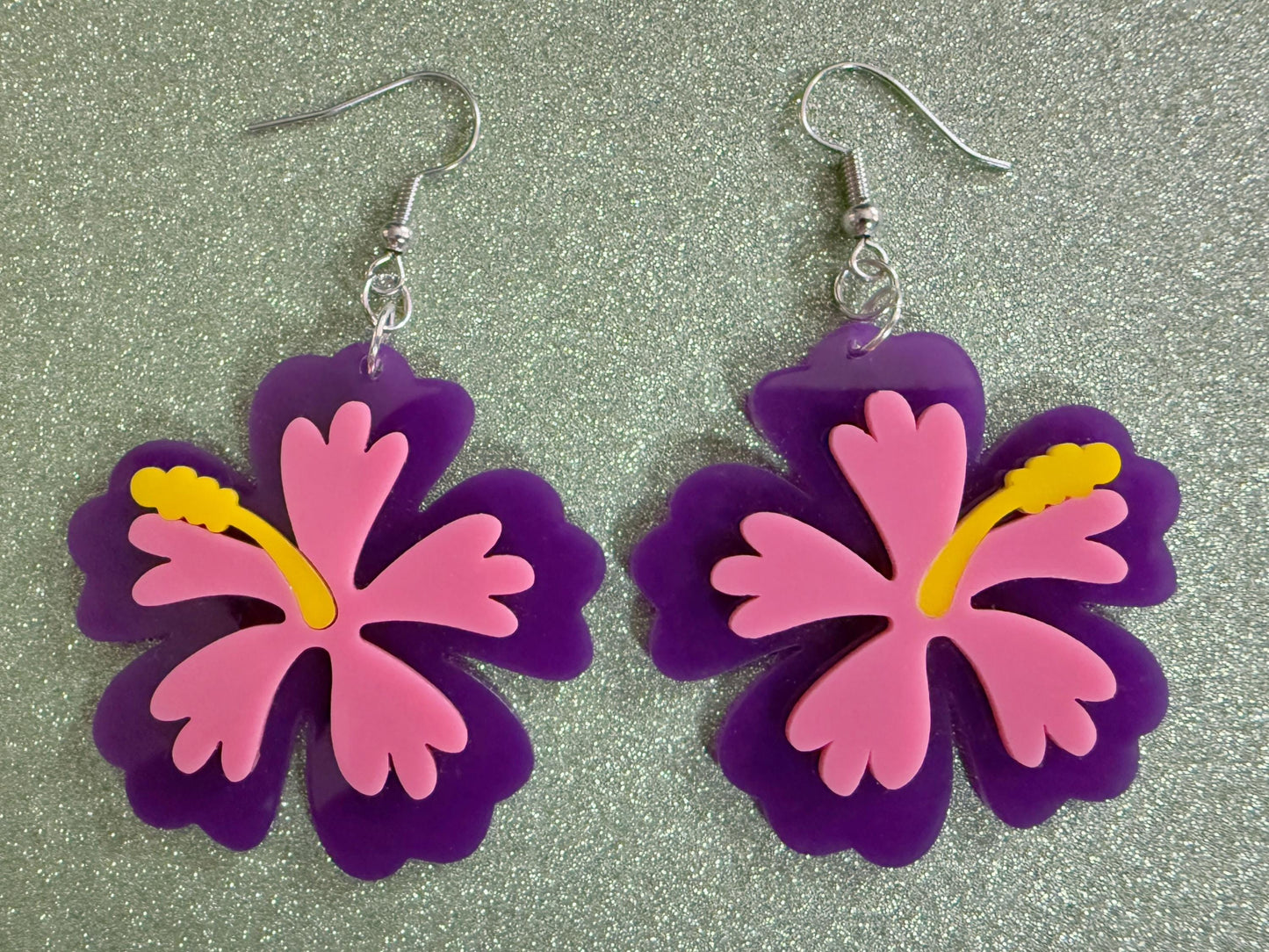 Purple Pink Hibiscus Earrings: Laser Cut Acrylic Flowers, Floral, Flower, Hawaii, Maui Strong, Summer Vibes, Best Gifts for Her/Him/Them