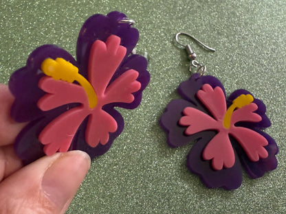 Purple Pink Hibiscus Earrings: Laser Cut Acrylic Flowers, Floral, Flower, Hawaii, Maui Strong, Summer Vibes, Best Gifts for Her/Him/Them