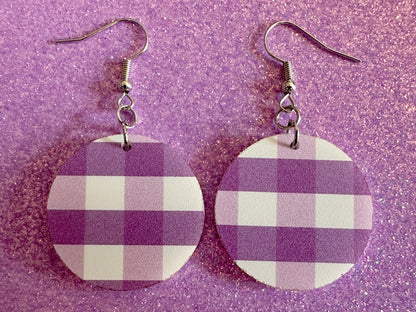 Purple Plaid Earrings: Laser Cut Acrylic Patterns, Picnic, Shapes, Flannel, Schoolgirl, Preppy, Gag Gift, Best Gifts for Her/Him/Them