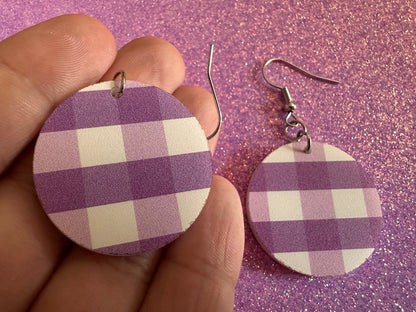 Purple Plaid Earrings: Laser Cut Acrylic Patterns, Picnic, Shapes, Flannel, Schoolgirl, Preppy, Gag Gift, Best Gifts for Her/Him/Them