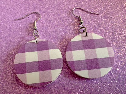 Purple Plaid Earrings: Laser Cut Acrylic Patterns, Picnic, Shapes, Flannel, Schoolgirl, Preppy, Gag Gift, Best Gifts for Her/Him/Them