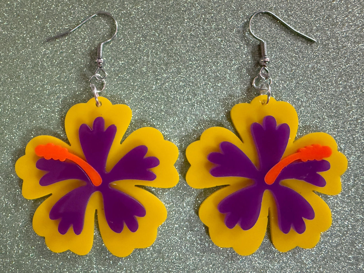 Purple Yellow Hibiscus Earrings: Laser Cut Acrylic Flowers, Floral, Flower, Hawaii, Maui Strong, Summer Vibes, Best Gifts for Her/Him/Them