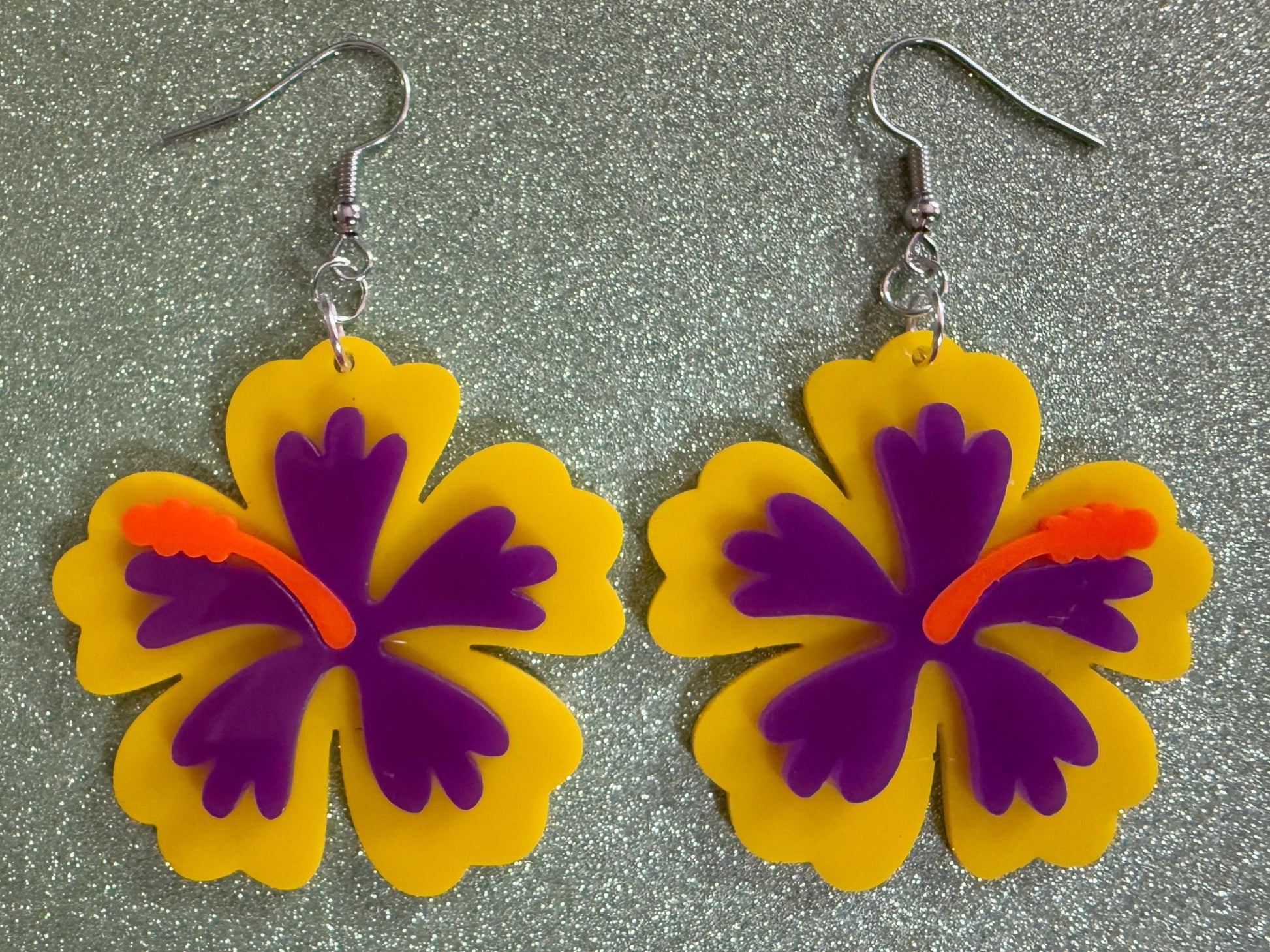 Purple Yellow Hibiscus Earrings: Laser Cut Acrylic Flowers, Floral, Flower, Hawaii, Maui Strong, Summer Vibes, Best Gifts for Her/Him/Them