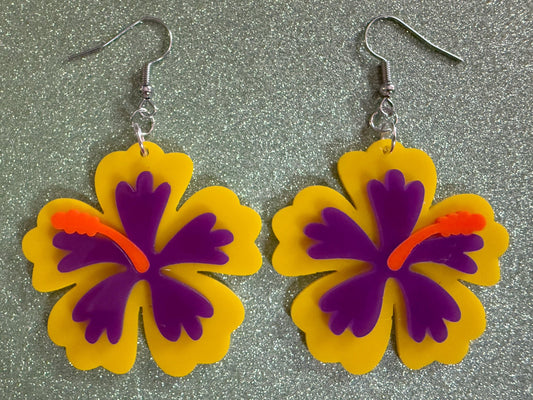 Purple Yellow Hibiscus Earrings: Laser Cut Acrylic Flowers, Floral, Flower, Hawaii, Maui Strong, Summer Vibes, Best Gifts for Her/Him/Them