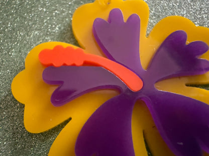 Purple Yellow Hibiscus Earrings: Laser Cut Acrylic Flowers, Floral, Flower, Hawaii, Maui Strong, Summer Vibes, Best Gifts for Her/Him/Them