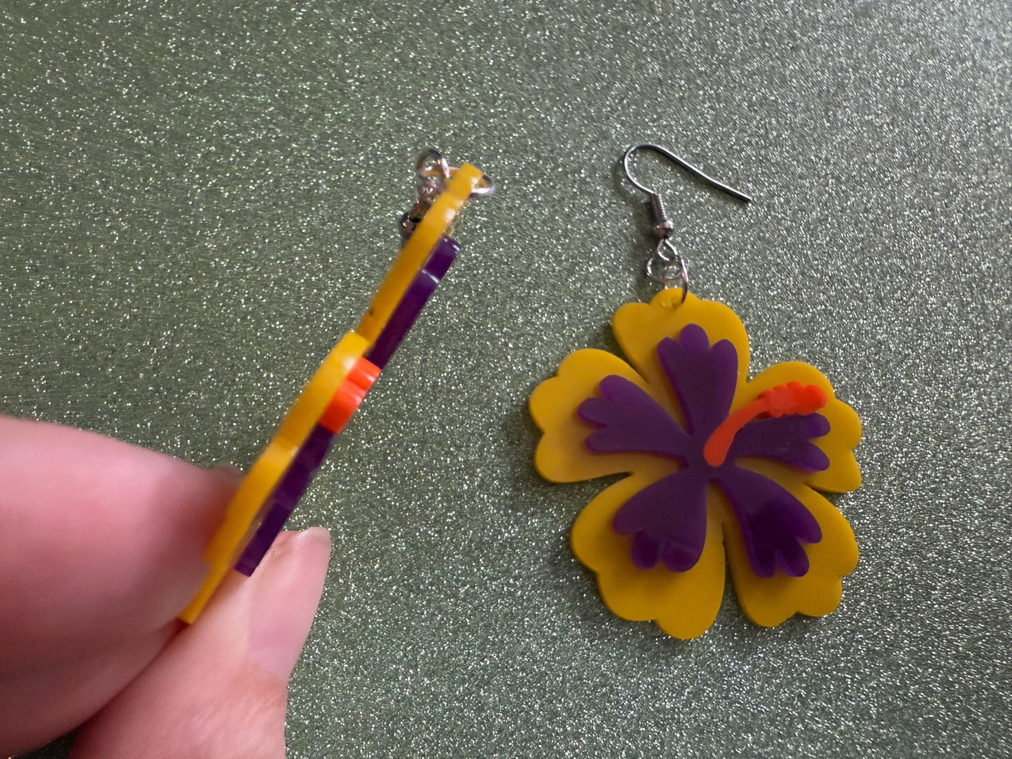 Purple Yellow Hibiscus Earrings: Laser Cut Acrylic Flowers, Floral, Flower, Hawaii, Maui Strong, Summer Vibes, Best Gifts for Her/Him/Them