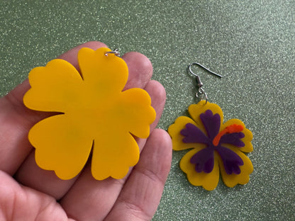 Purple Yellow Hibiscus Earrings: Laser Cut Acrylic Flowers, Floral, Flower, Hawaii, Maui Strong, Summer Vibes, Best Gifts for Her/Him/Them