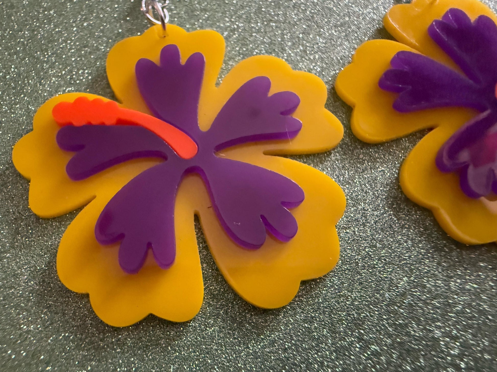 Purple Yellow Hibiscus Earrings: Laser Cut Acrylic Flowers, Floral, Flower, Hawaii, Maui Strong, Summer Vibes, Best Gifts for Her/Him/Them