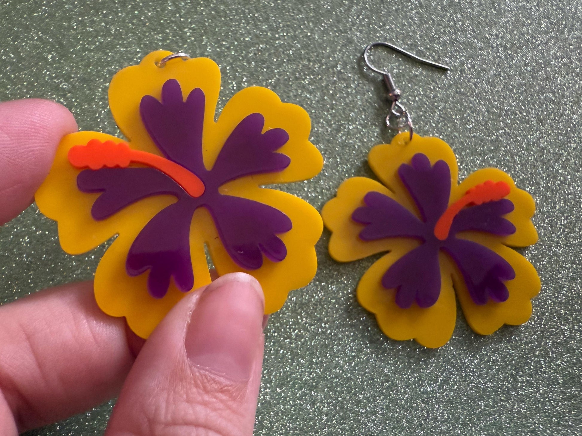 Purple Yellow Hibiscus Earrings: Laser Cut Acrylic Flowers, Floral, Flower, Hawaii, Maui Strong, Summer Vibes, Best Gifts for Her/Him/Them