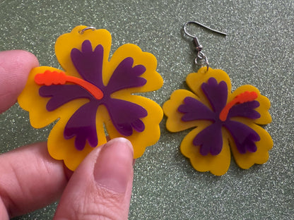 Purple Yellow Hibiscus Earrings: Laser Cut Acrylic Flowers, Floral, Flower, Hawaii, Maui Strong, Summer Vibes, Best Gifts for Her/Him/Them