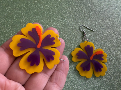 Purple Yellow Hibiscus Earrings: Laser Cut Acrylic Flowers, Floral, Flower, Hawaii, Maui Strong, Summer Vibes, Best Gifts for Her/Him/Them