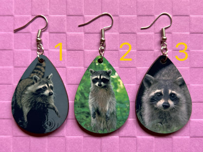 Raccoon Earrings: Cute Animal, Trash Panda Earrings, Zoo, Sublimated, Best Gift for Her/Him/Them