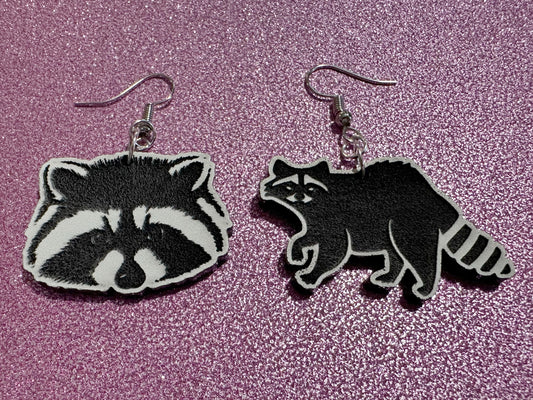 Raccoon Earrings: Laser Cut Acrylic Racoons, Animals, Bandit Racoon, Cute Thief, Trash Panda Earrings, Zoo, Best Gifts for Her/Him/Them