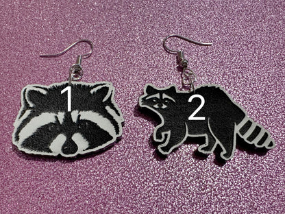 Raccoon Earrings: Laser Cut Acrylic Racoons, Animals, Bandit Racoon, Cute Thief, Trash Panda Earrings, Zoo, Best Gifts for Her/Him/Them
