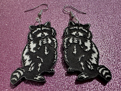 Raccoon Earrings: Laser Cut Acrylic Racoons, Animals, Bandit Racoon, Cute Thief, Trash Panda Earrings, Zoo, Best Gifts for Her/Him/Them