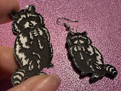 Raccoon Earrings: Laser Cut Acrylic Racoons, Animals, Bandit Racoon, Cute Thief, Trash Panda Earrings, Zoo, Best Gifts for Her/Him/Them
