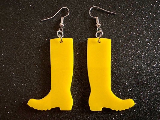 Rain Boot Earrings: Laser Cut Acrylic Boots, Rain, Weather, Yellow Boots, Rainy Day, Rubber Boots, Rain Gear ,Best Gifts for Her/Him/Them