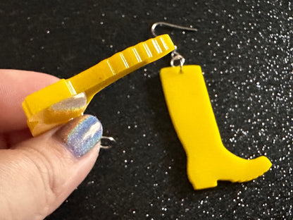 Rain Boot Earrings: Laser Cut Acrylic Boots, Rain, Weather, Yellow Boots, Rainy Day, Rubber Boots, Rain Gear ,Best Gifts for Her/Him/Them
