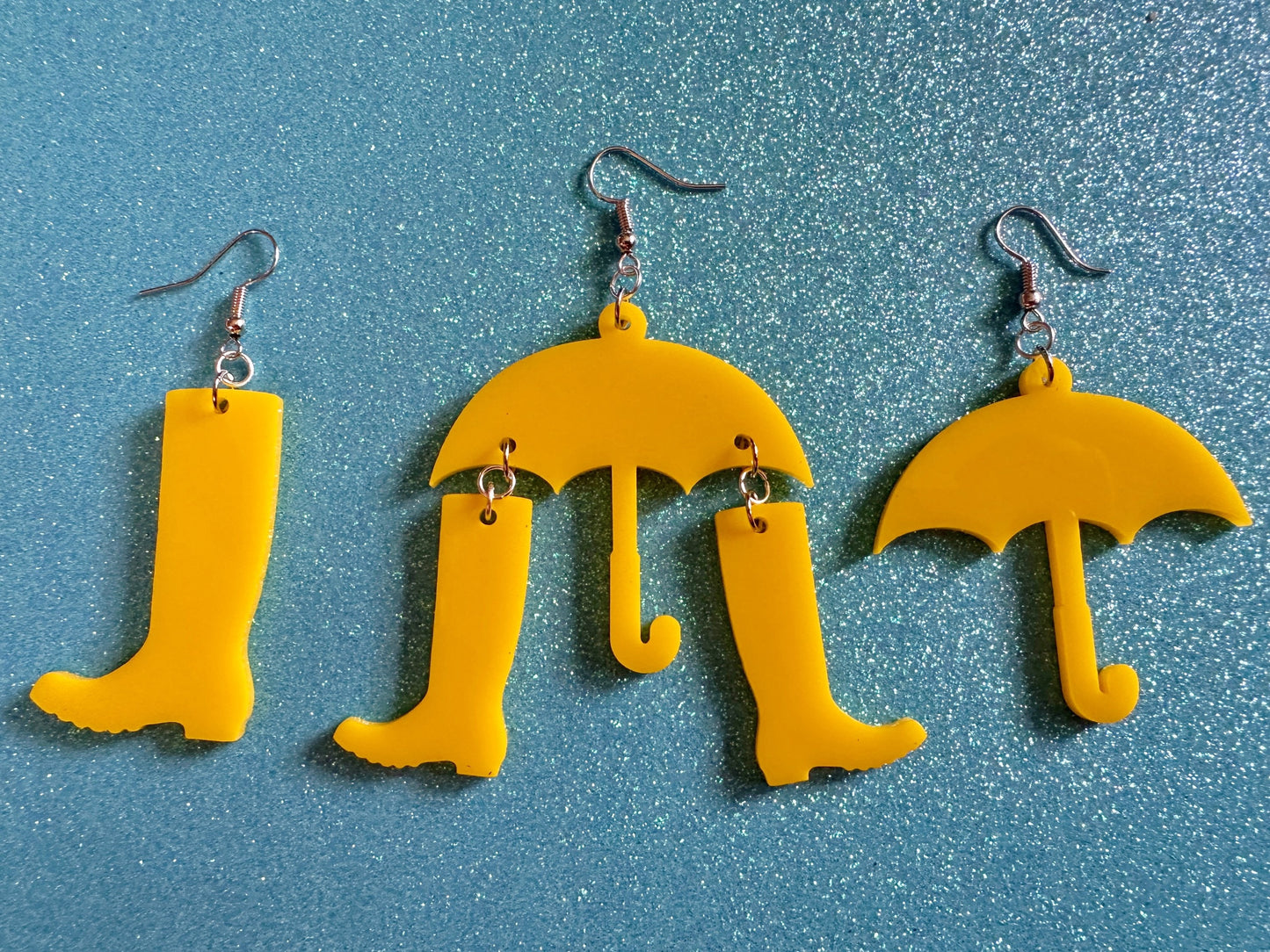 Rain Boots & Umbrella Earrings: Laser Cut Acrylic Umbrellas, Rain, Weather, Rainy Day, Yellow, Rubber Boots, Best Gifts for Her/Him/Them