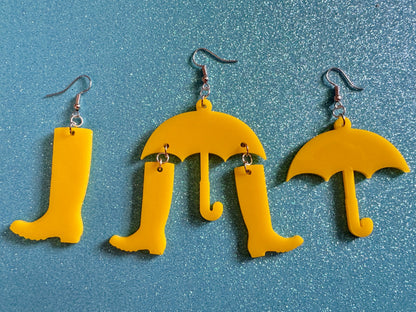 Rain Boots & Umbrella Earrings: Laser Cut Acrylic Umbrellas, Rain, Weather, Rainy Day, Yellow, Rubber Boots, Best Gifts for Her/Him/Them