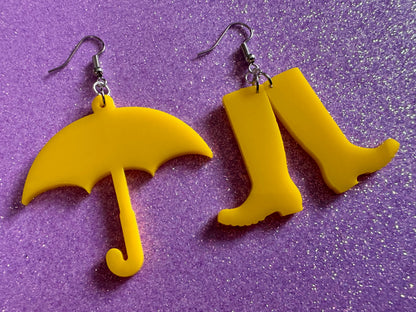 Rain Boots & Umbrella Earrings: Laser Cut Acrylic Umbrellas, Rain, Weather, Rainy Day, Yellow, Rubber Boots, Best Gifts for Her/Him/Them
