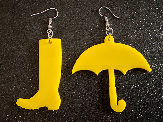 Rain Boots & Umbrella Earrings: Laser Cut Acrylic Umbrellas, Rain, Weather, Rainy Day, Yellow, Rubber Boots, Best Gifts for Her/Him/Them