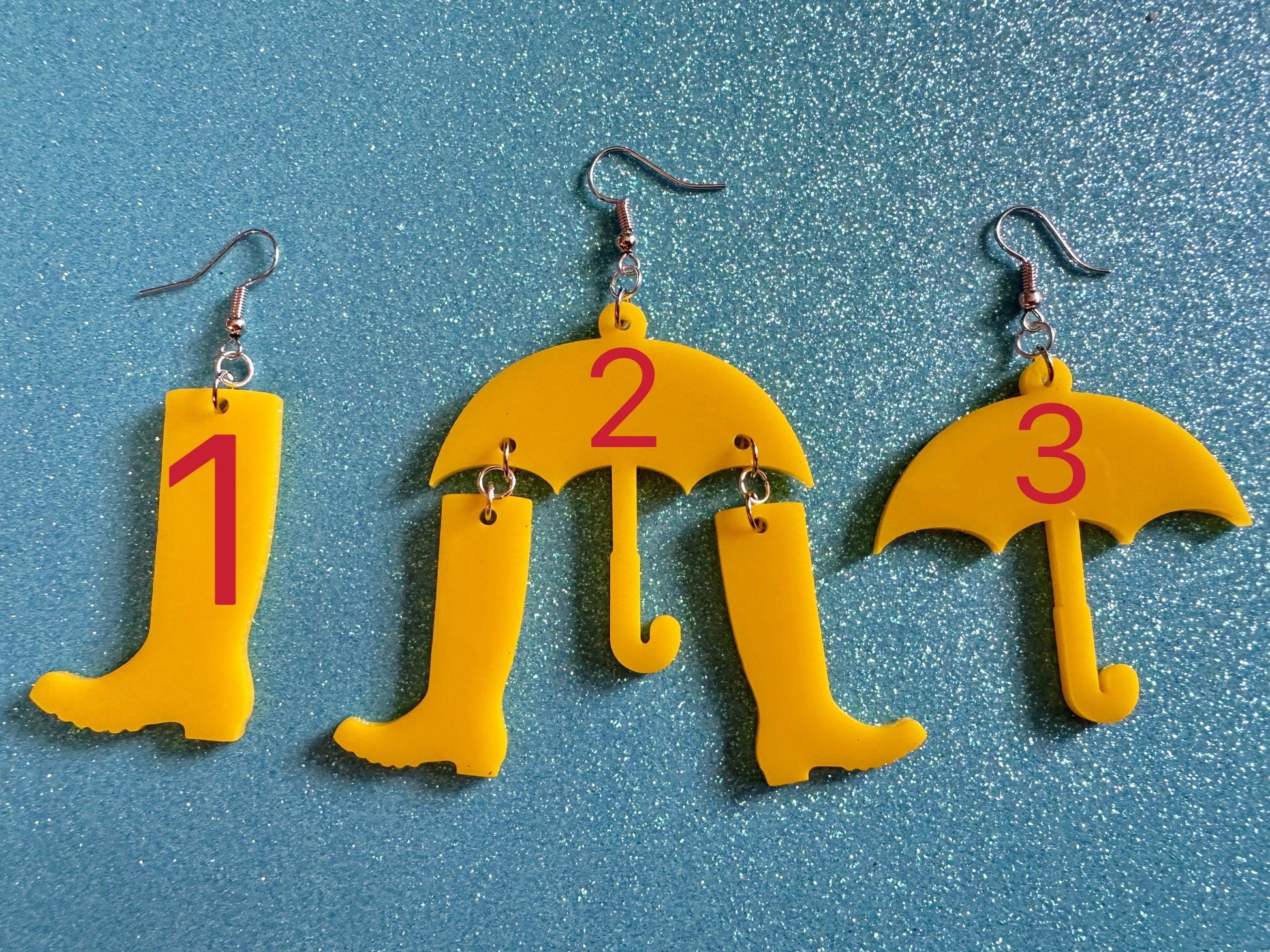 Rain Boots & Umbrella Earrings: Laser Cut Acrylic Umbrellas, Rain, Weather, Rainy Day, Yellow, Rubber Boots, Best Gifts for Her/Him/Them