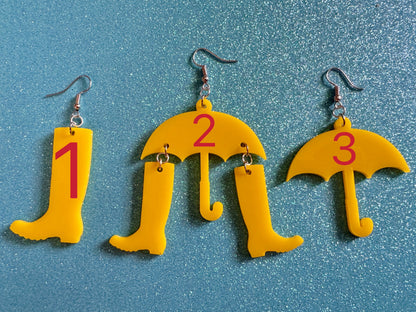 Rain Boots & Umbrella Earrings: Laser Cut Acrylic Umbrellas, Rain, Weather, Rainy Day, Yellow, Rubber Boots, Best Gifts for Her/Him/Them