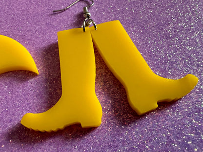 Rain Boots & Umbrella Earrings: Laser Cut Acrylic Umbrellas, Rain, Weather, Rainy Day, Yellow, Rubber Boots, Best Gifts for Her/Him/Them