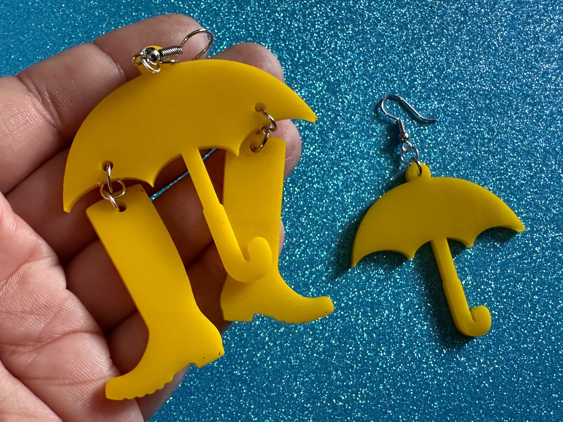 Rain Boots & Umbrella Earrings: Laser Cut Acrylic Umbrellas, Rain, Weather, Rainy Day, Yellow, Rubber Boots, Best Gifts for Her/Him/Them